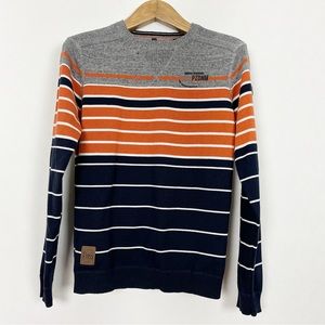 Point Zero Men’s Navy and Orange Cotton Striped‎ Crewneck Sweater Size Small